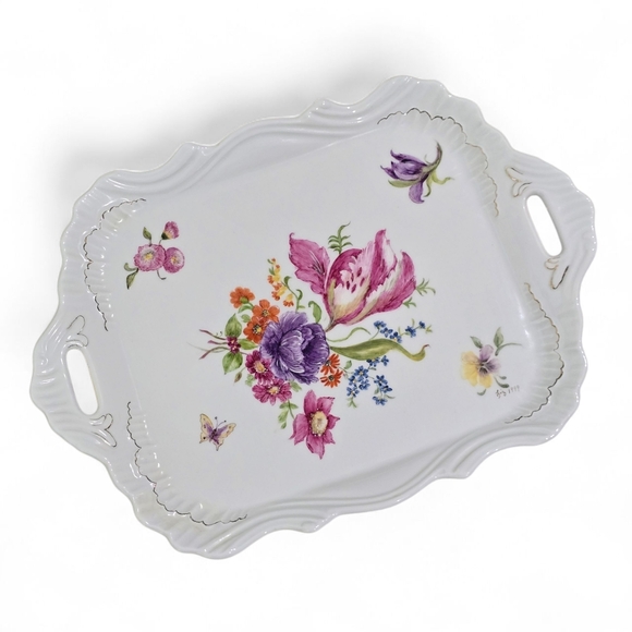 Vintage Other - Hand-Painted Floral Porcelain Serving Tray with Handles – Signed Liz 1999